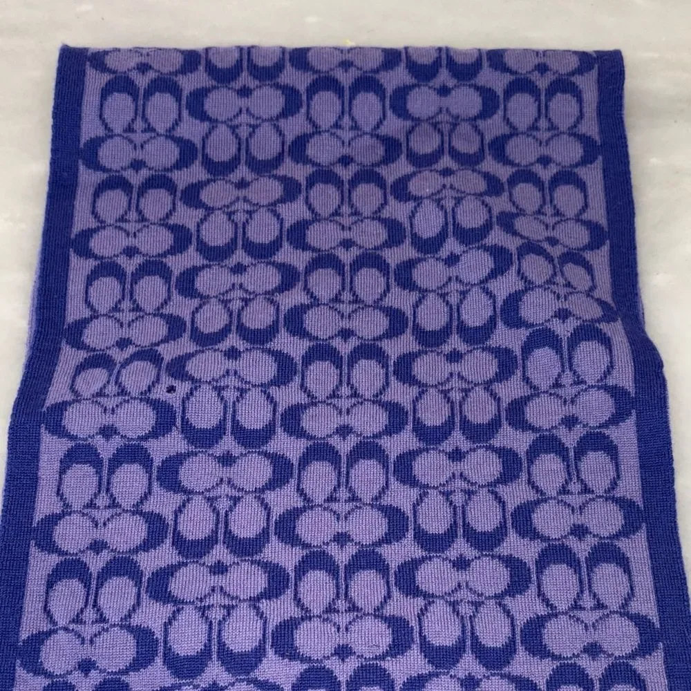 Coach Reversible Signature C Monogram Merino Wool Knit Scarf Purple Lavender